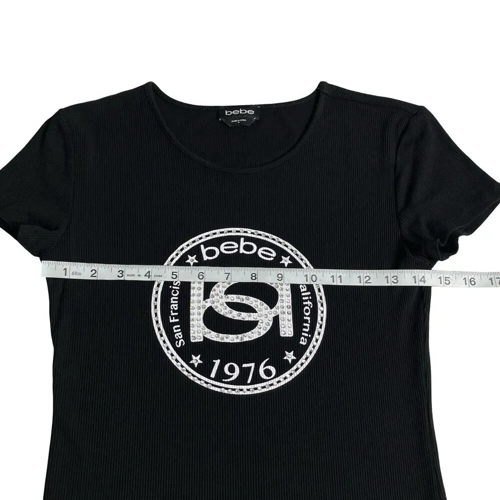 Bebe Top Womens M Black McBling Rhinestone Y2K Logo Stretch Ribbed Short Sleeve - Picture 10 of 10